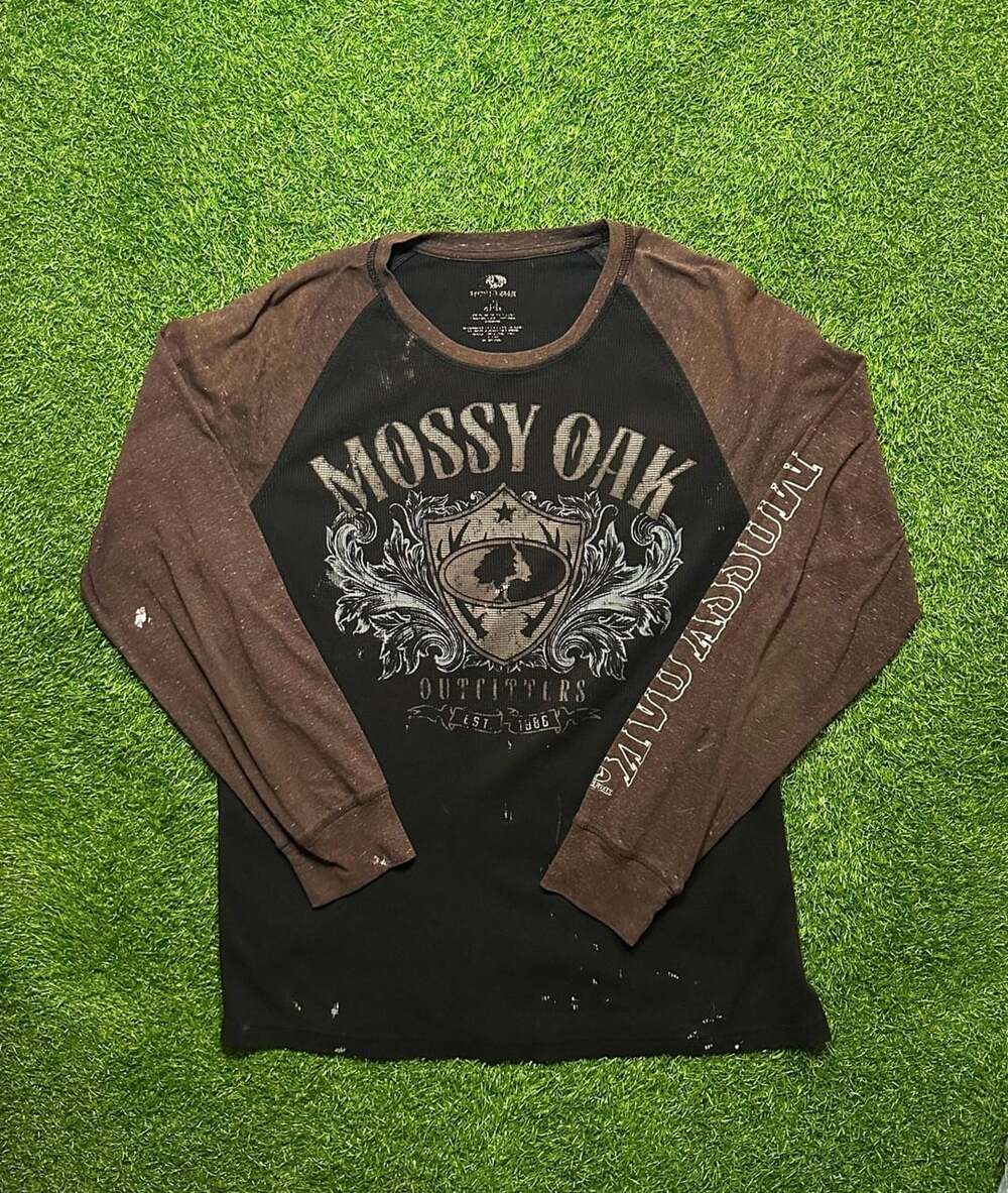 Y2K 2000s Mossy Oak Outfitters Thermal Long Sleeve Shirt Size L Black Brown